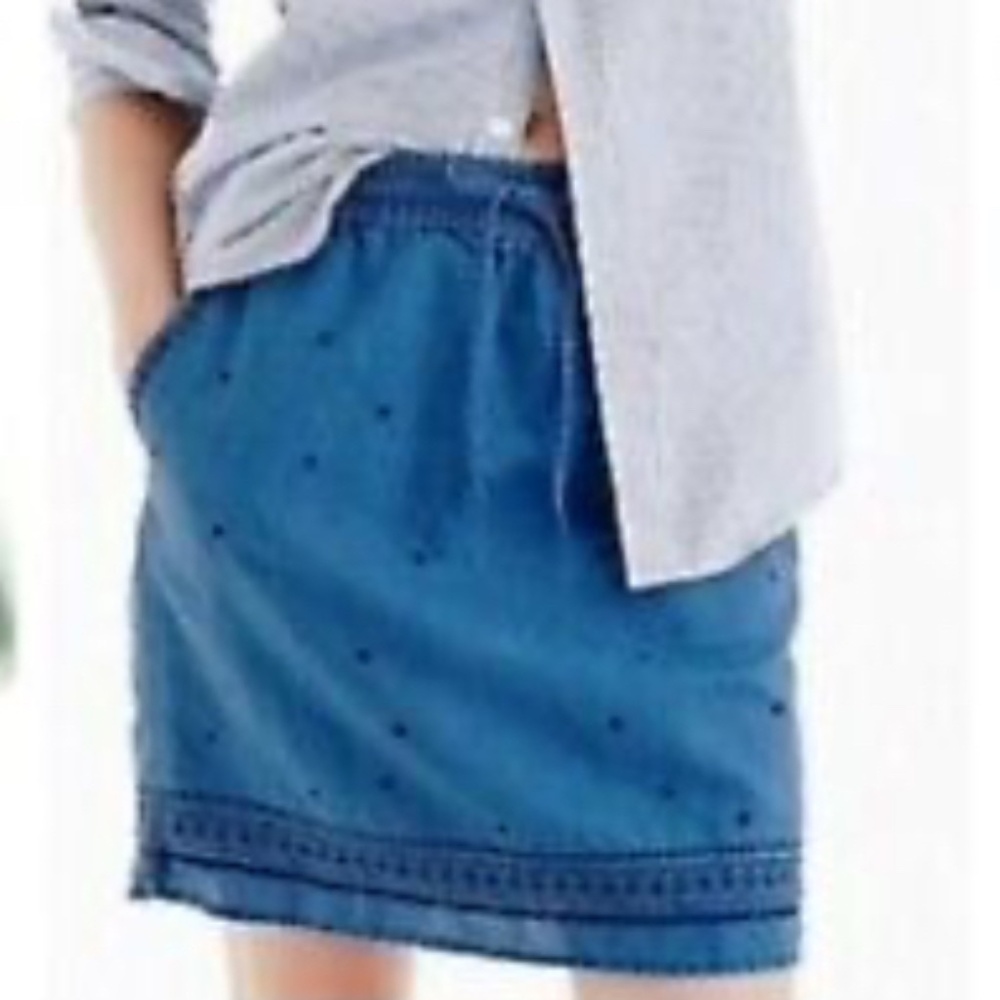 J Crew Linen Blend Chambray Embroidered Drawstring Waist Skirt Size Medium